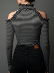 Black striped high neck cold-shoulder ruched T-shirt by FJØRNA featuring long sleeves and a fitted design.