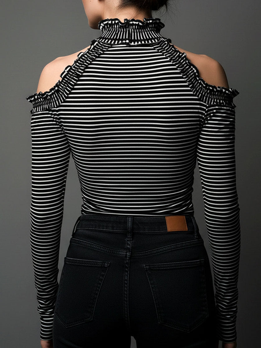 Black striped high neck cold-shoulder ruched T-shirt by FJØRNA featuring long sleeves and a fitted design.