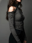 Black striped high neck cold-shoulder ruched T-shirt by FJØRNA featuring a fitted design and long sleeves.
