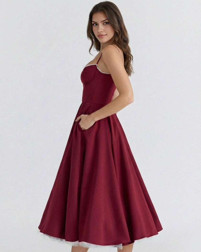 Women's FJØRNA corset midi dress with a tulle skirt, featuring a fitted bodice and flowing layered tulle for elegant style.