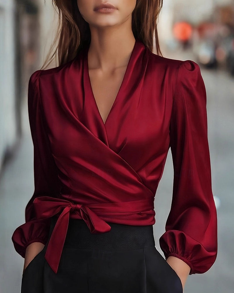 FJØRNA women's summer blouse with V-neck and long sleeves, lightweight top ideal for warm weather, casual and stylish.