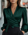 FJØRNA summer women's V-neck long sleeve blouse, lightweight and flowy top, in a soft pastel color, perfect for warm weather.