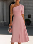 FJØRNA blush pink one-shoulder midi dress with long sleeves, featuring a stylish short sleeve design and elegant fit