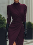 FJØRNA deep burgundy draped wrap midi dress featuring elegant fabric and a flattering silhouette for stylish occasions.