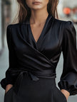 FJØRNA women's summer blouse with V-neck and long sleeves, lightweight and stylish top for warm weather wear.