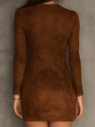 Vintage Caramel Brown Lace Trim And Zip Front Suede Women's Mini Dress