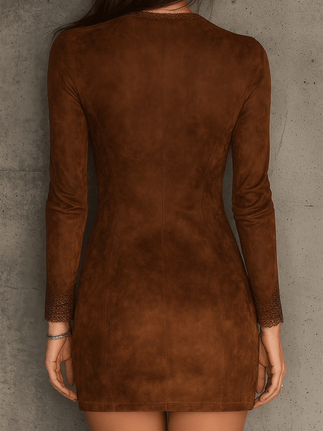 FJØRNA vintage caramel brown suede mini dress with lace trim, zip front, fitted style, suitable for casual or semi-formal wear