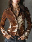 FJØRNA brown cow print suede women's jacket with stand collar, stylish outerwear featuring a unique cow pattern and soft suede texture.