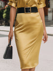 FJØRNA satin belted midi dress with long sleeves and a sophisticated, elegant design, perfect for formal occasions.