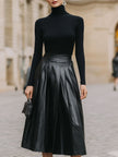 FJØRNA black turtleneck and leather pleated skirt set for women, stylish dress with sleek black leather fabric and fitted design.