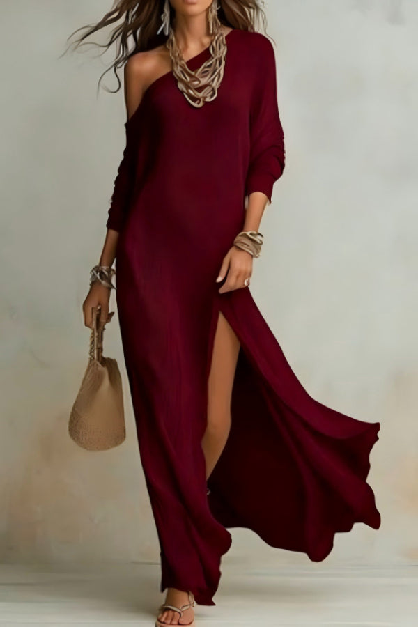 FJØRNA solid color slant collar long sleeve maxi dress for women, featuring a flowing design and elegant silhouette.