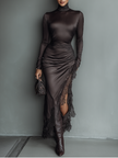 Women's dark brown satin maxi dress with irregular hem and lace details by FJØRNA, featuring a slim fit and elegant design.