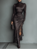 Women's dark brown satin maxi dress with irregular hem and lace details by FJØRNA, featuring a slim fit and elegant design.