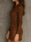 Vintage Caramel Brown Lace Trim And Zip Front Suede Women's Mini Dress