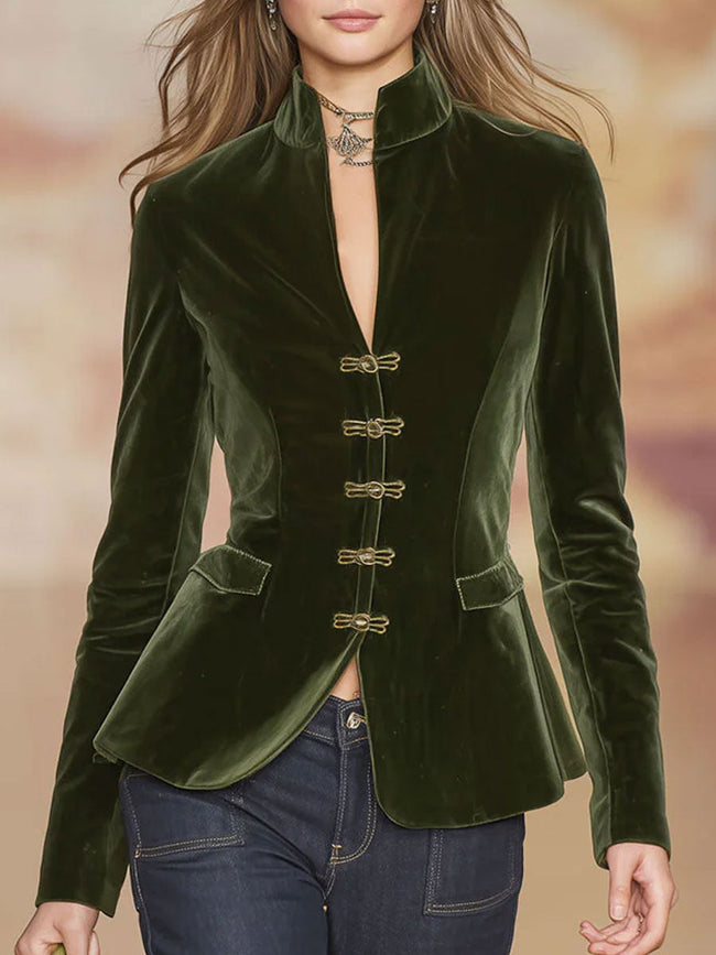 Dark green velvet blazer for women with gold buttons, stylish FJØRNA jacket, tailored fit, elegant and sophisticated.