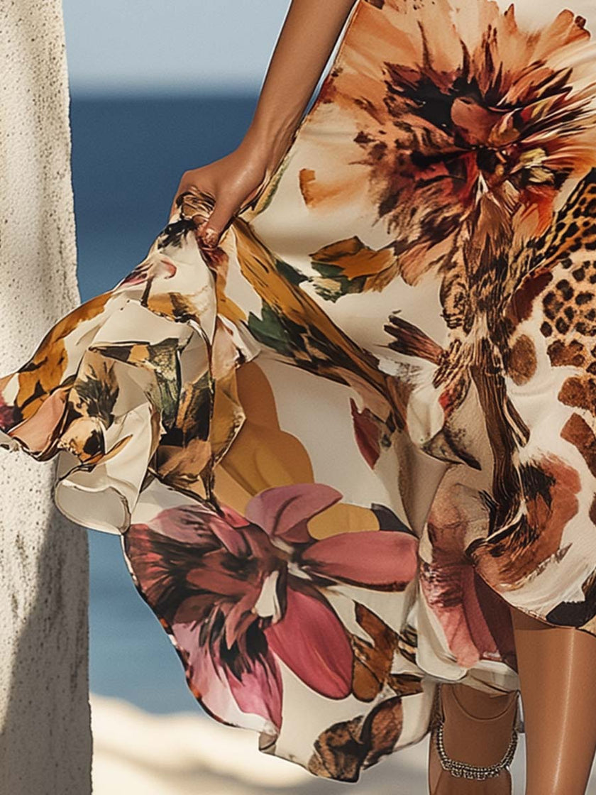 FJØRNA halter neck midi dress with leopard and floral print, sleeveless design, flowing fabric, perfect for summer wear.