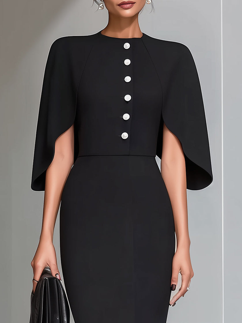 FJØRNA black cape-sleeve midi sheath dress displayed on a hanger, showcasing its sleek design and elegant silhouette.