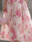 Pink floral one-shoulder chiffon midi dress from FJØRNA, featuring a flowing design and elegant floral pattern.