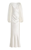 FJØRNA Vivir balloon-sleeve rose-detailed hammered satin maxi dress, elegant and flowing with intricate rose accents.