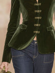 Dark green velvet blazer for women with gold buttons, stylish jackets and blazers by FJØRNA, featuring a tailored fit and elegant design.