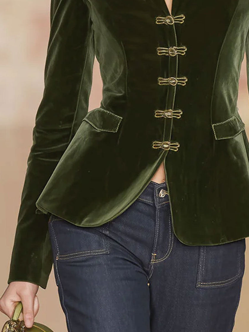 Dark green velvet blazer for women with gold buttons, stylish jackets and blazers by FJØRNA, featuring a tailored fit and elegant design.