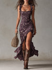 FJØRNA ruffle maxi dress in soft fabric, featuring flowing design and casual style, perfect for summer or relaxed occasions.
