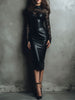 FJØRNA chic black eco leather and lace midi dress with fitted bodice and flowing skirt, perfect for elegant occasions.