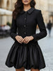 FJØRNA women's tweed and satin bubble hem dress, showcasing a stylish blend of textured tweed and smooth satin fabric.