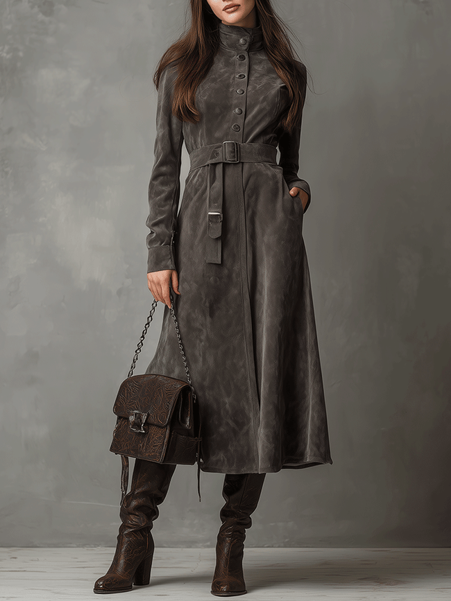 FJØRNA high neck belted suede midi dress displayed on a hanger, featuring a fitted silhouette and elegant design.