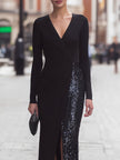 FJØRNA black sequin-panel wrap evening gown, elegant maxi dress with shimmering sequin accents and a flattering wrap silhouette.