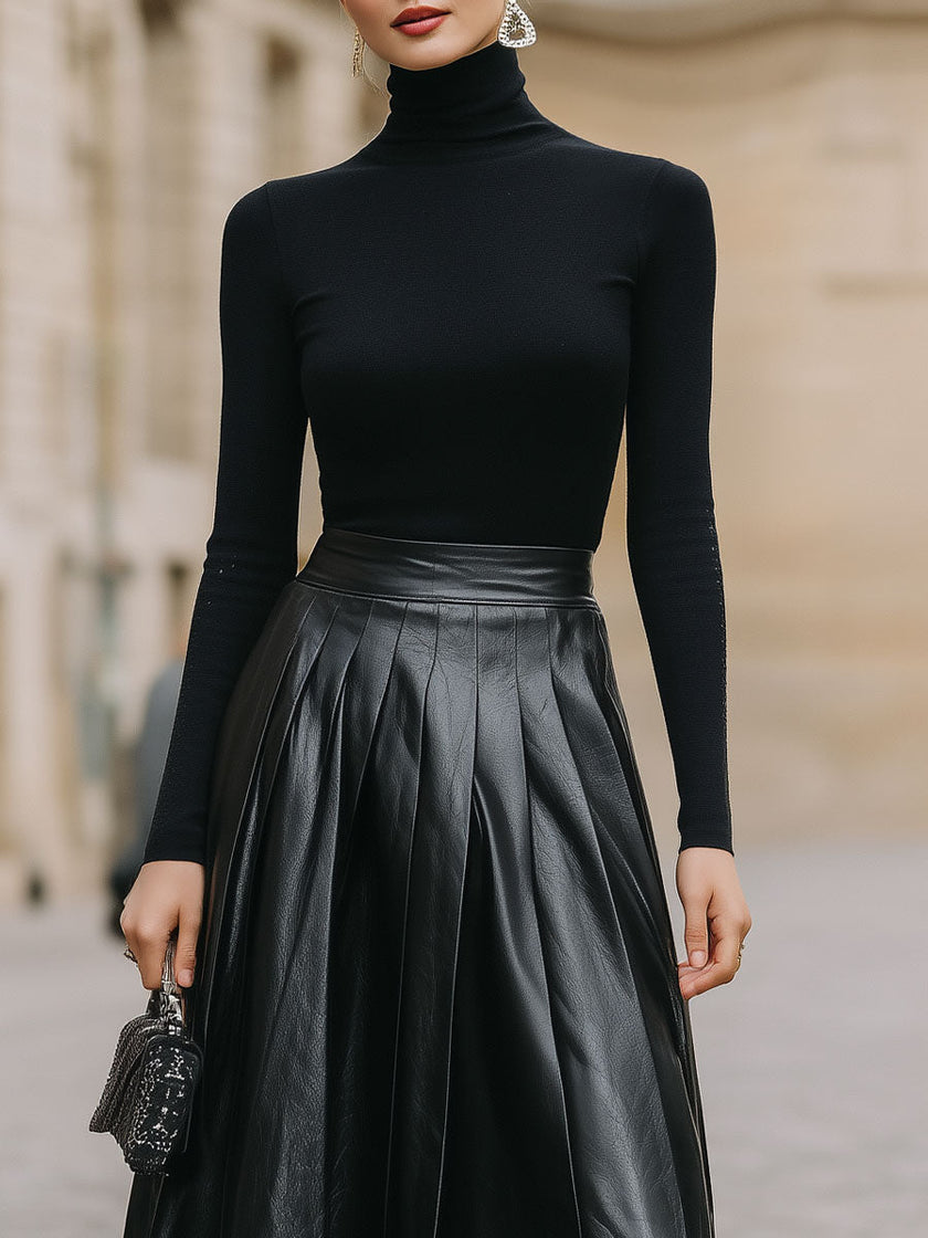 FJØRNA black turtleneck and leather pleated skirt set for women, stylish dress with sleek black leather and fitted turtleneck.