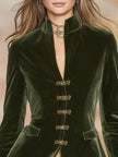Dark green velvet blazer for women with gold buttons, stylish jacket from FJØRNA, featuring a tailored fit and elegant design.