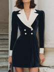 FJØRNA black velvet blazer dress with contrast lapel, double-breasted design, and tailored fit for elegant evening wear.