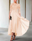 FJØRNA chiffon midi dress for women, A-line style with three-quarter sleeves, flowing and elegant for casual or formal wear.