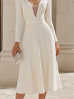 FJØRNA long sleeve deep V midi dress with sheer panel, elegant women's dress, form-fitting with stylish design and sophisticated look.