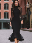 FJØRNA sheer-sleeve mermaid midi dress with ruffled hem, elegant women's dress featuring fitted silhouette and delicate fabric.