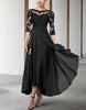 FJØRNA chiffon midi dress for women with an A-line silhouette and three-quarter sleeves, shown in a flowing, elegant design.