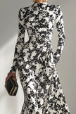 Black and white color-blocked printed long-sleeve maxi dress with pockets, slim fit, pleated design by FJØRNA.
