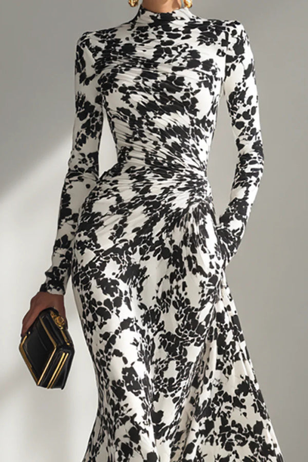 Black and white color-blocked printed long-sleeve maxi dress with pockets, slim fit, pleated design by FJØRNA.