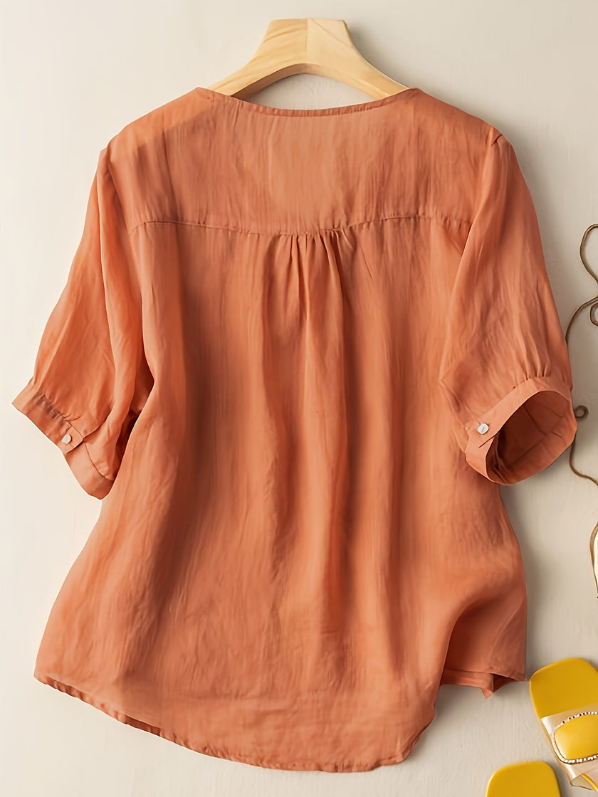 FJØRNA women's summer blouse featuring a V-neck, linen fabric, and flowy casual fit, ideal for warm weather.