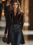 FJØRNA brown velvet colour-block lapel coat with pockets and stylish design, shown on a model.