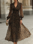 FJØRNA leopard print wrap midi dress with long sleeves, stylish and elegant for casual or evening wear.