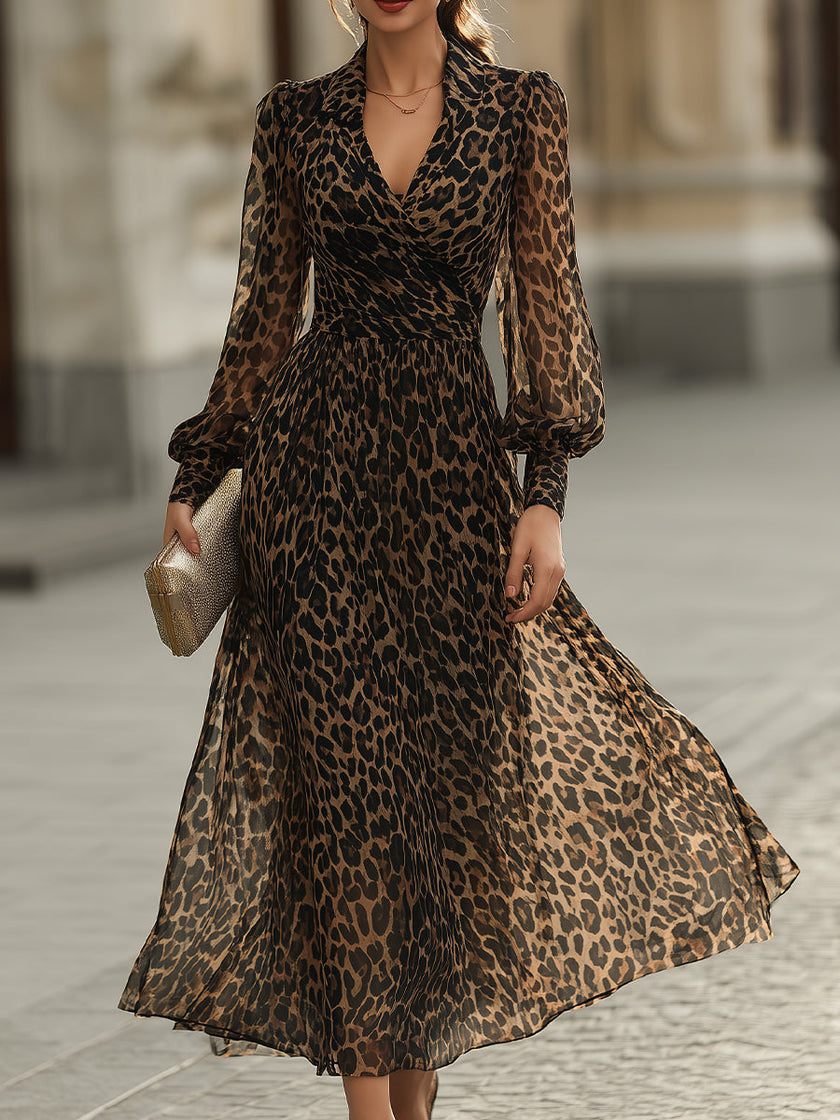 FJØRNA leopard print wrap midi dress with long sleeves, stylish and elegant for casual or evening wear.