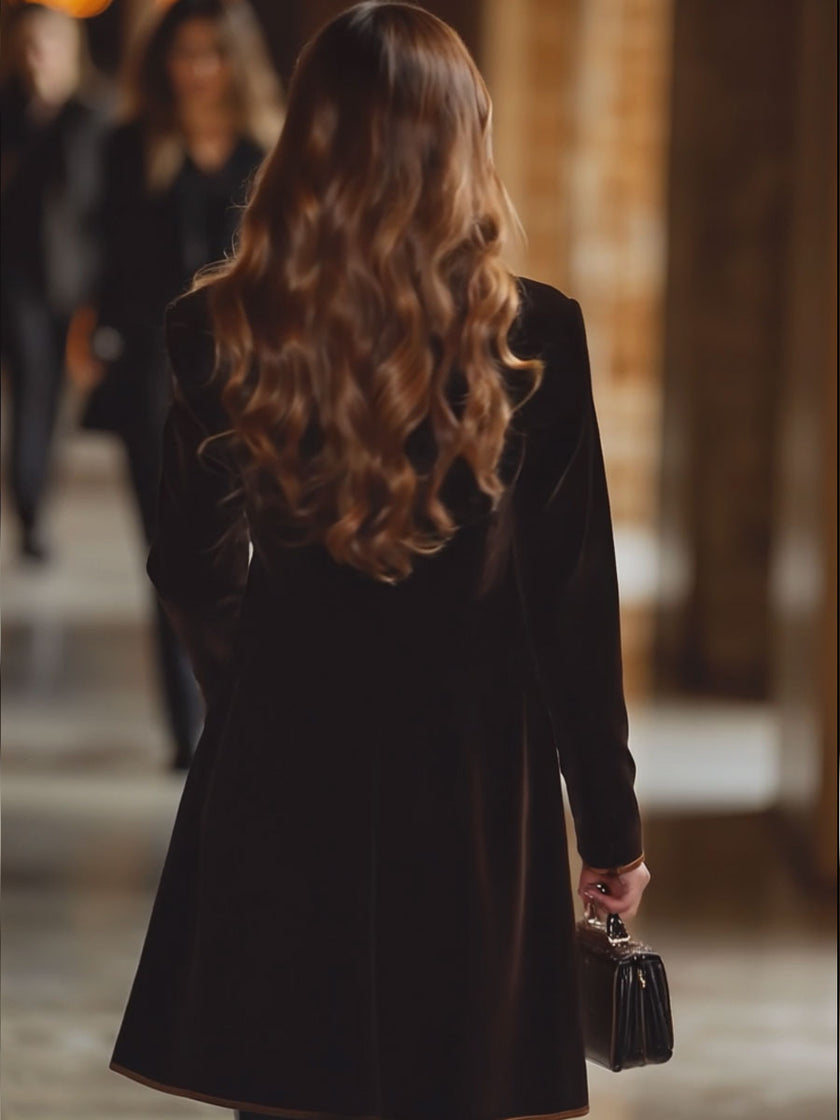 FJØRNA brown velvet colour-block lapel coat with pockets, stylish long coat with contrasting panels and a classic lapel design.