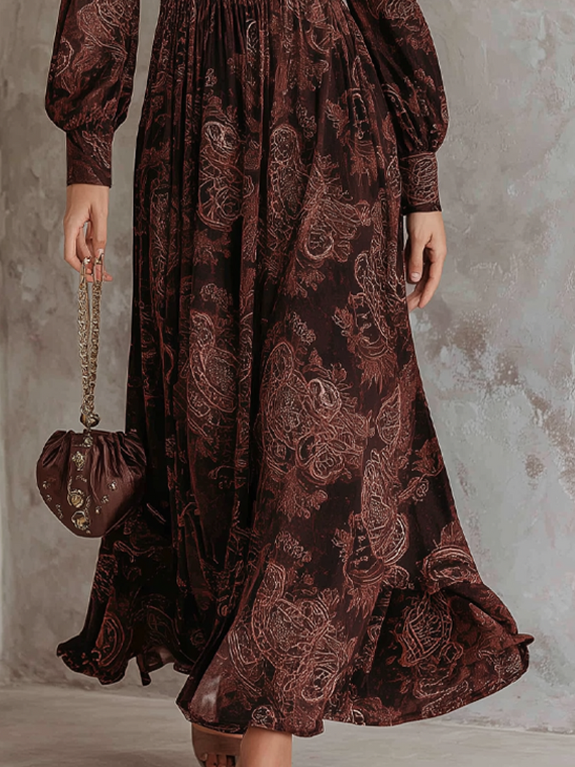 FJØRNA Eloise paisley zip-waist maxi dress in white, flowing fabric with a fitted waist and long sleeves, elegant and stylish.
