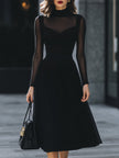 FJØRNA sheer-sleeve high-neck A-line midi dress for women, elegant midi dress with transparent sleeves and a fitted high neckline.