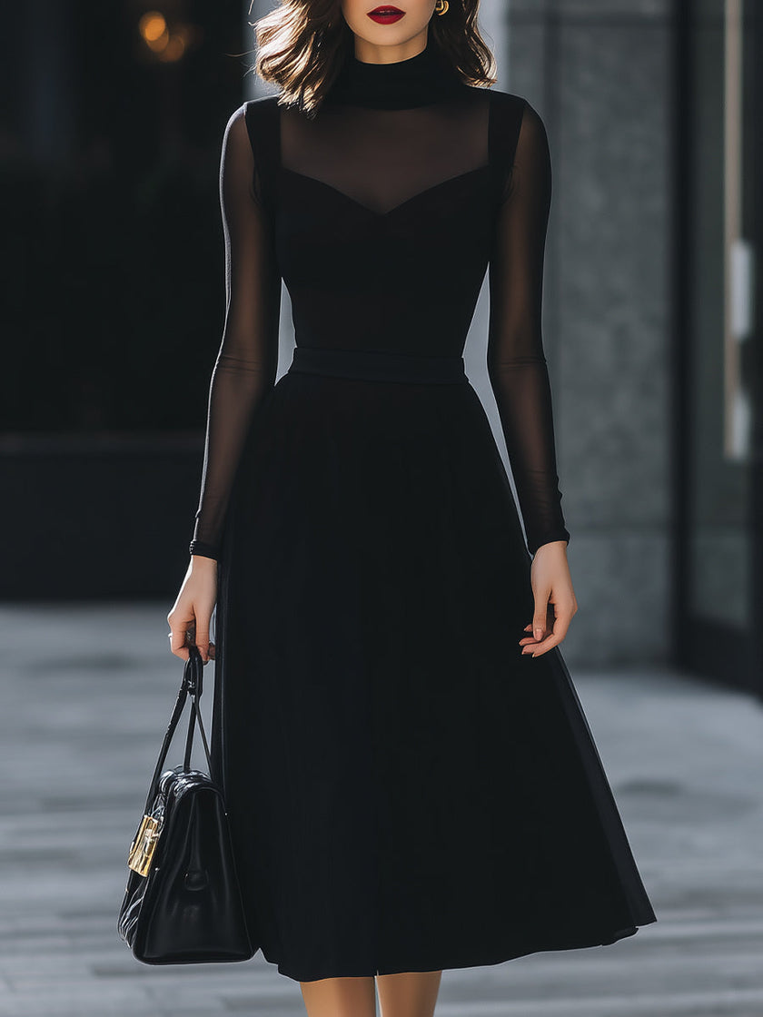 FJØRNA sheer-sleeve high-neck A-line midi dress for women, elegant midi dress with transparent sleeves and a fitted high neckline.