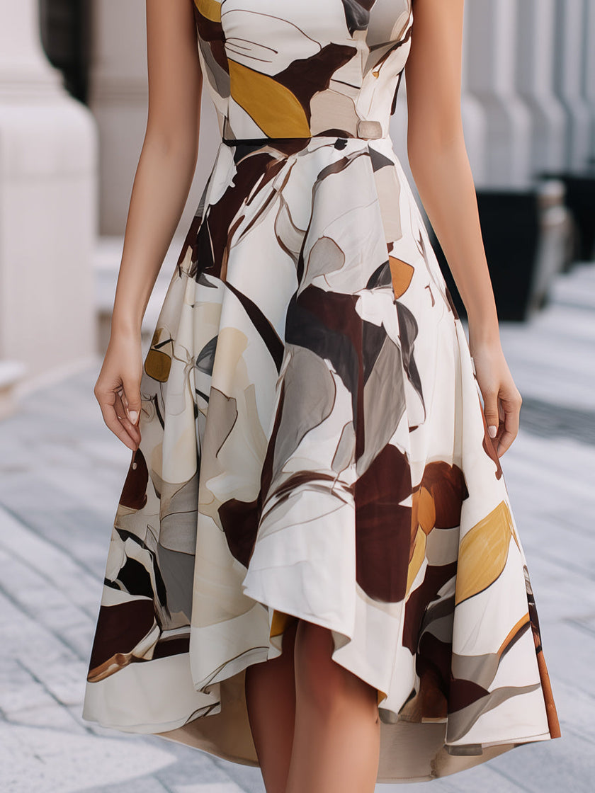 FJØRNA abstract floral sleeveless fit and flare midi dress with a vibrant floral pattern and elegant silhouette.