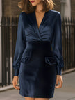 FJØRNA satin and velvet panelled midi dress for women, showcasing a stylish, elegant design with contrasting fabric panels.