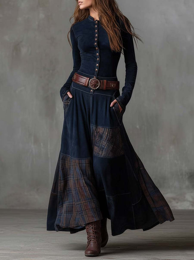 FJØRNA suede patchwork maxi dress for women featuring a flowing silhouette and multicolored patchwork design.